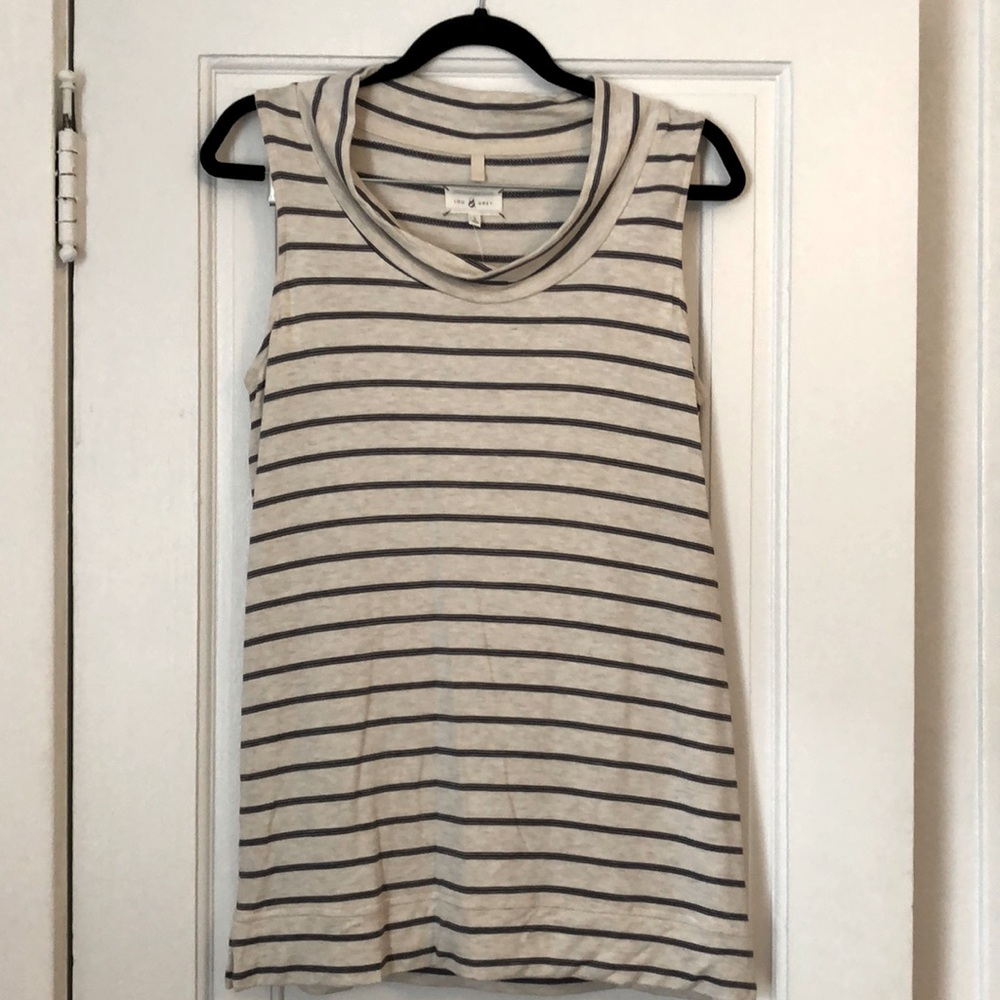 Cream and gray striped mock turtleneck, loose fit tank top.